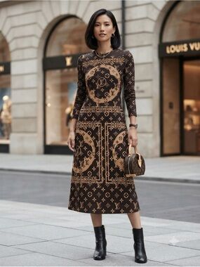 Brand New  stretchy Black and Brown  Monogram A-Line Dress